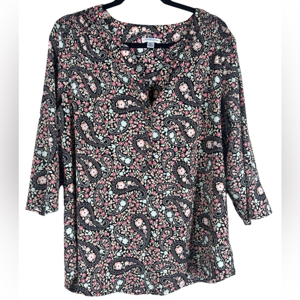 Croft & Barrow Black Pink Multi Color Paisley V-Neck 3/4 Sleeve Blouse Size XL
